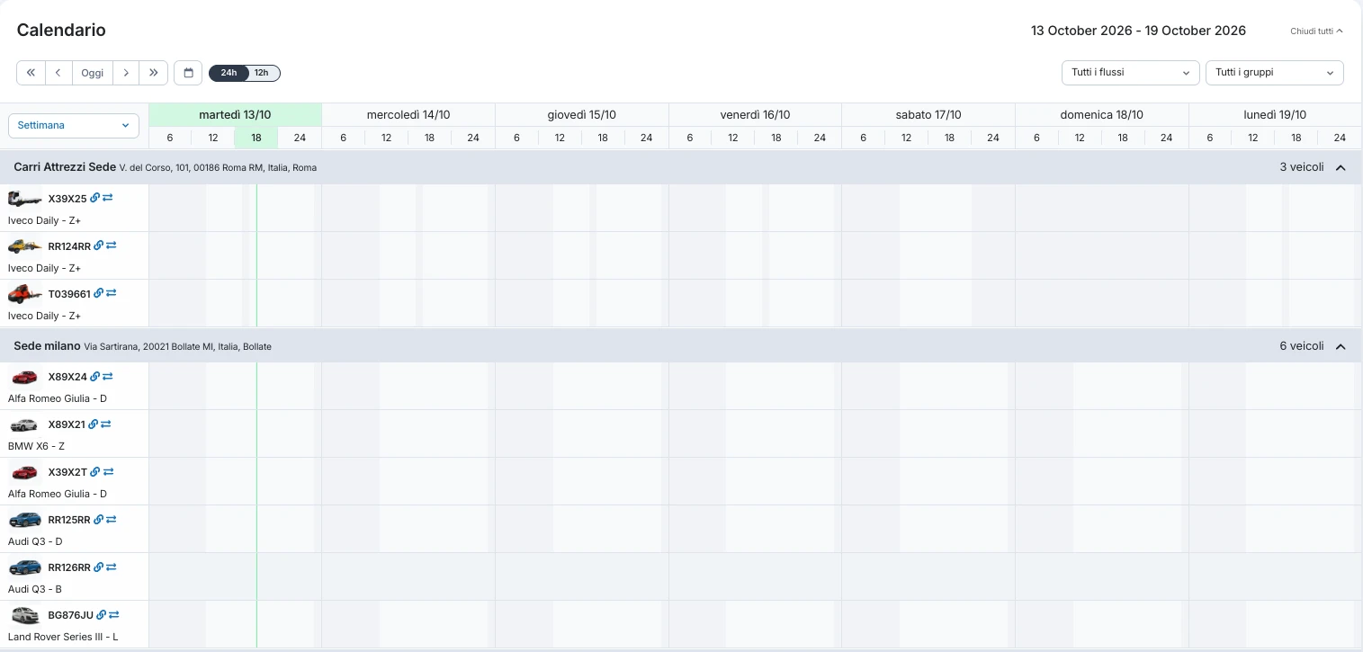 Calendario con i carri attrezzi della sede e i veicoli delle altre sedi
