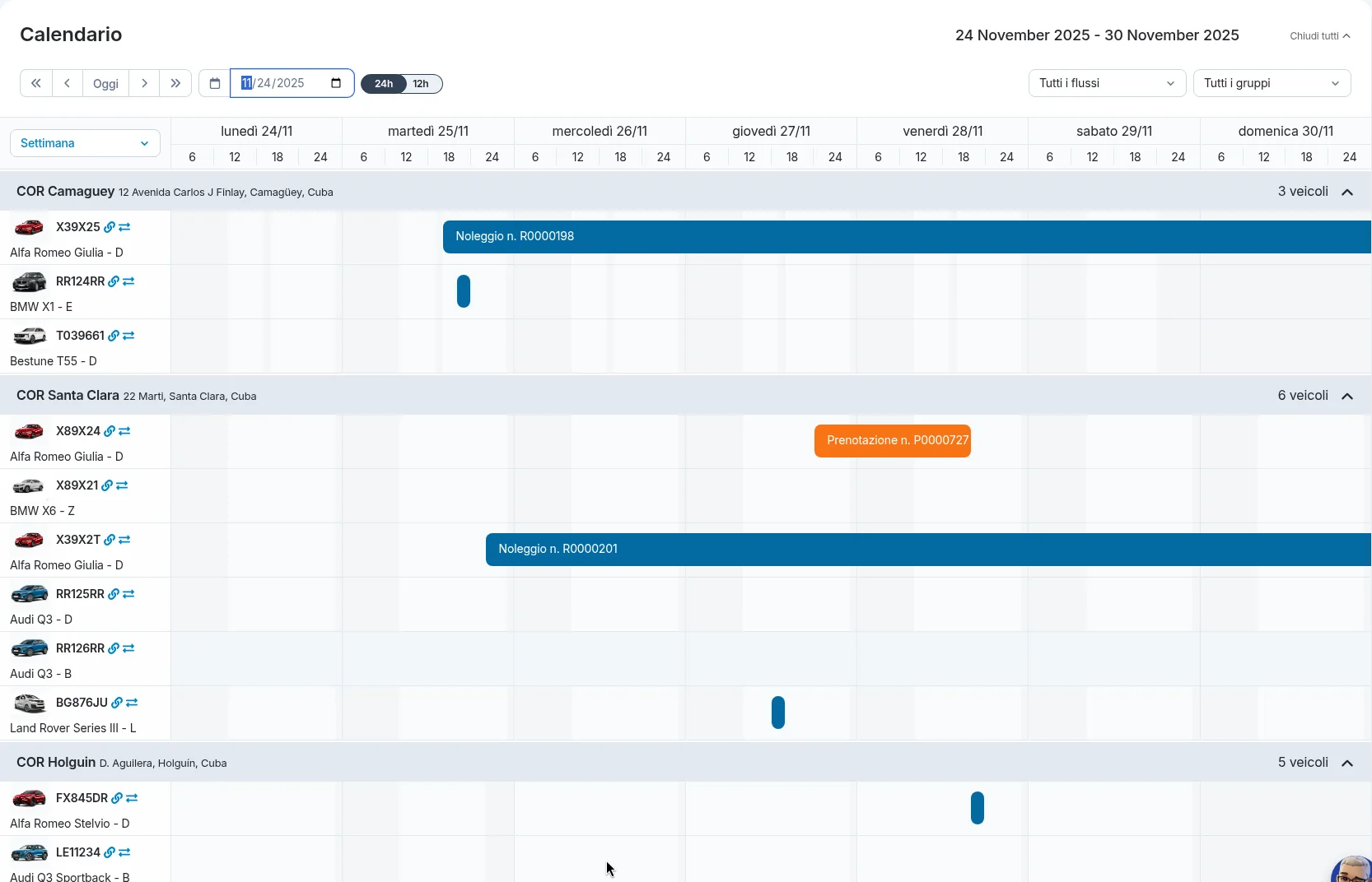 Calendario di una rete di sedi: i veicoli di ogni sede con noleggi e prenotazioni