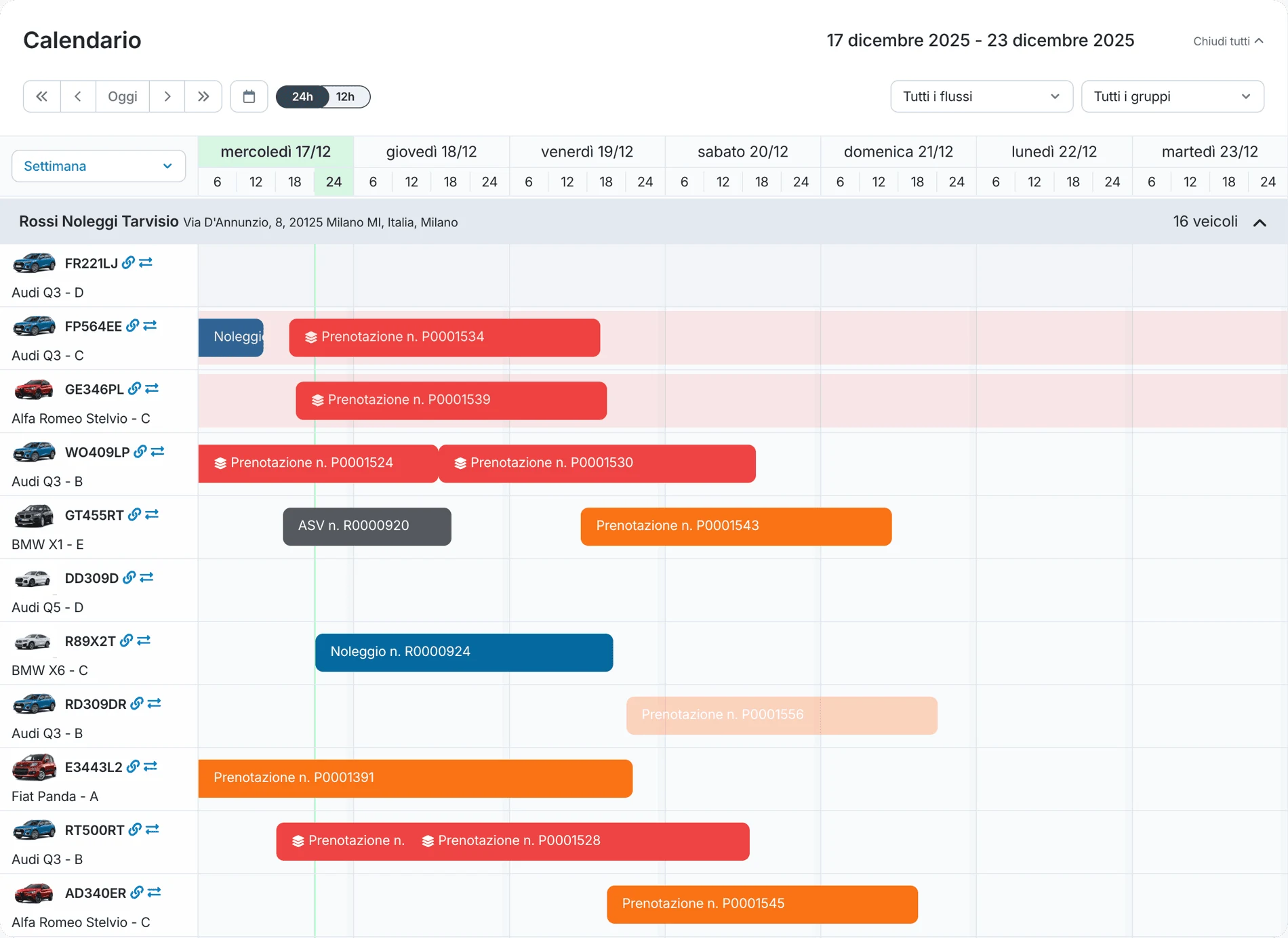 Calendario della flotta: ogni veicolo con le sue prenotazioni e i suoi noleggi, giorno per giorno