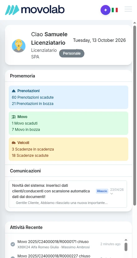 La dashboard di Movolab sul telefono: promemoria su prenotazioni, Movo e scadenze, comunicazioni e attività recenti