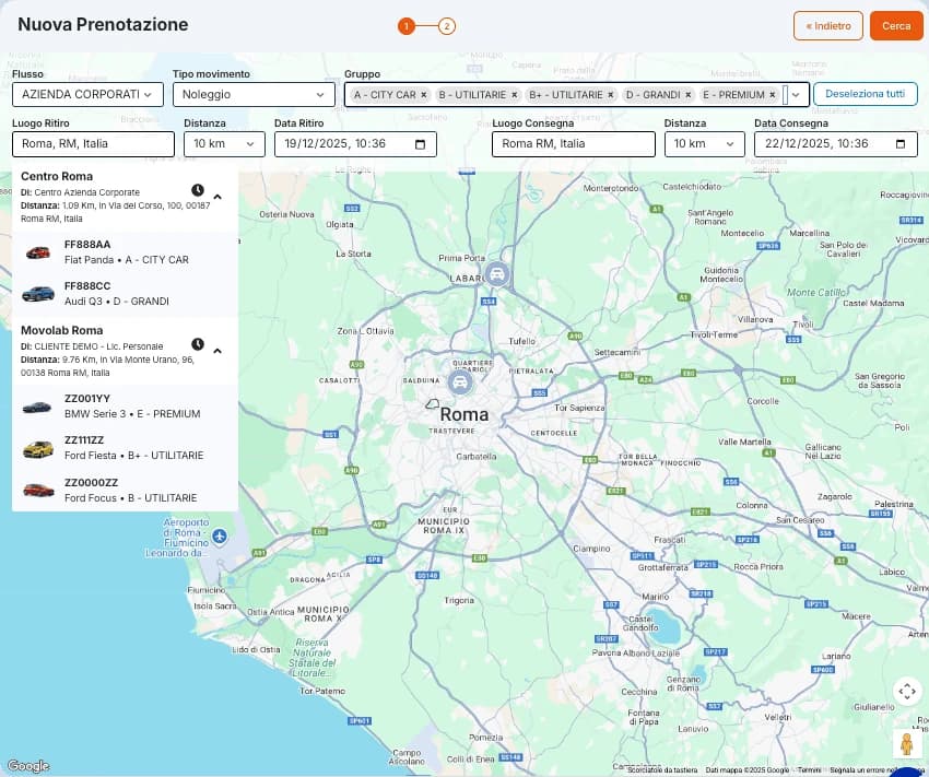 Nuova prenotazione: i veicoli disponibili nei punti nolo vicini, sulla mappa