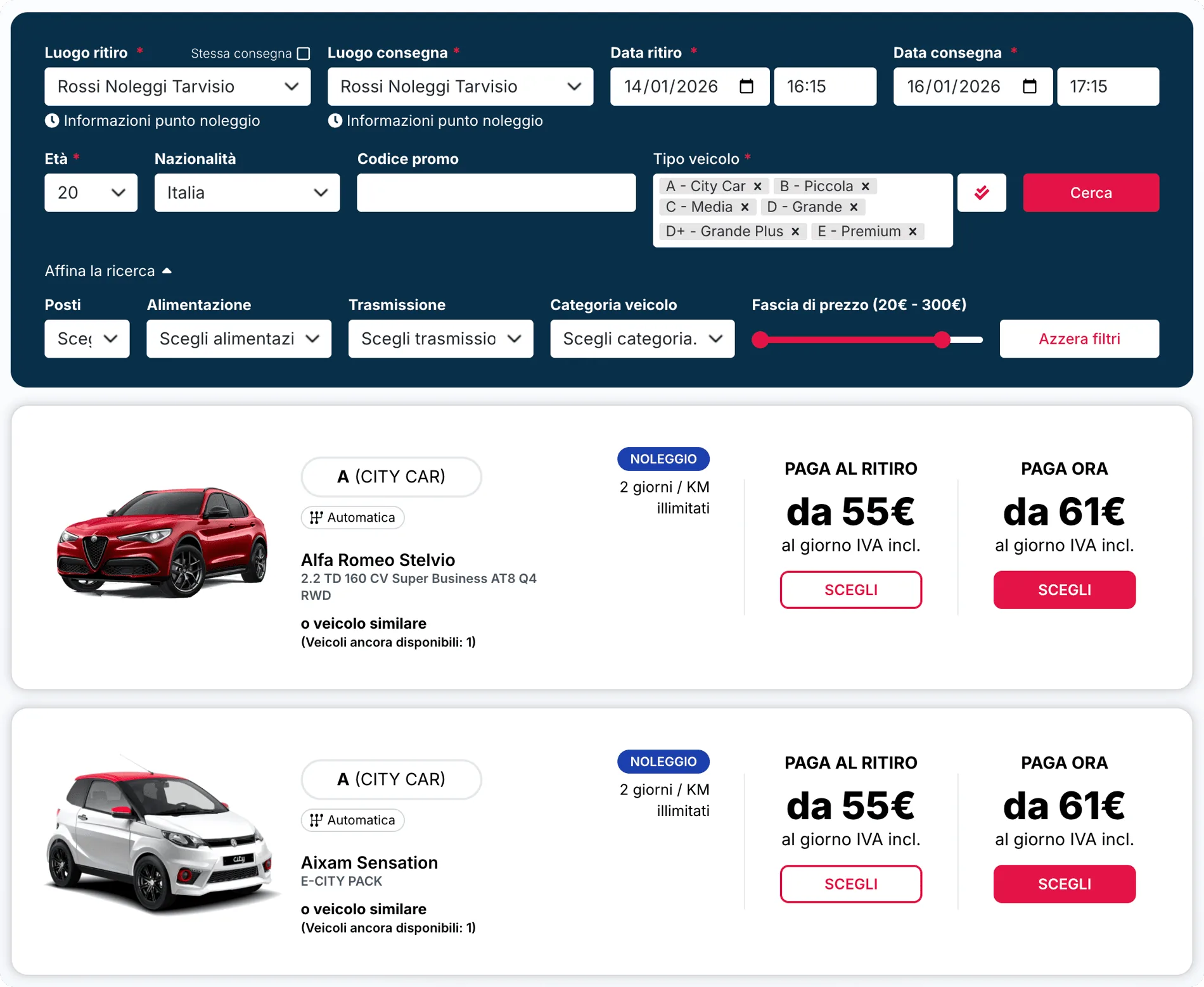 Il widget di prenotazione sul sito del cliente: veicoli disponibili con prezzo al giorno